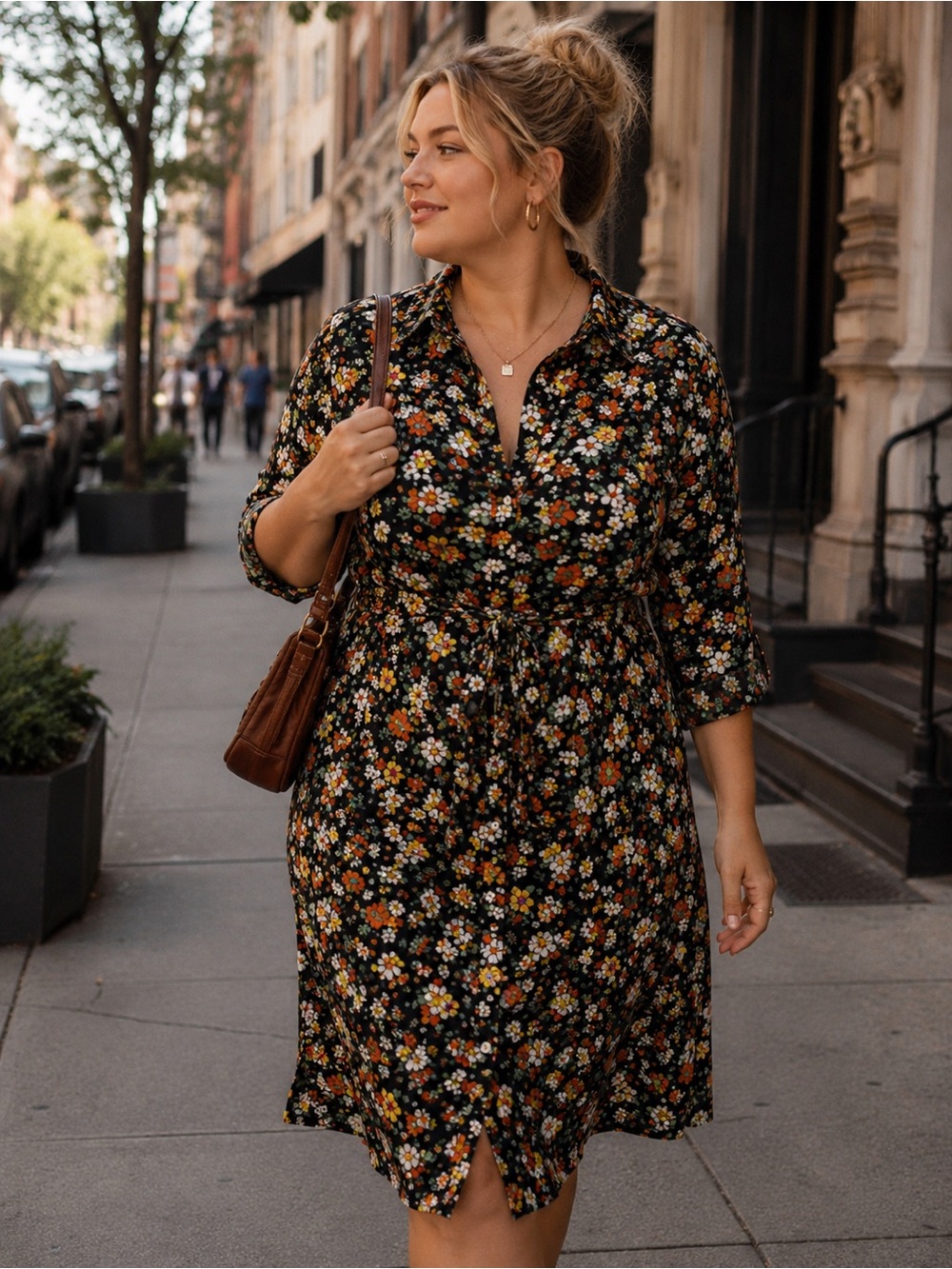 NWT ASOS DESIGN Curve Floral Shirt Dress Black Button Front Tie Waist